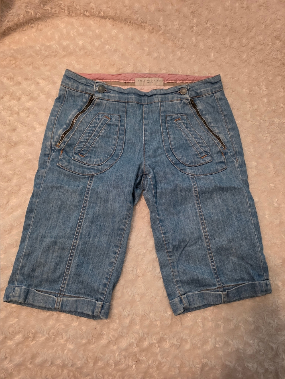Stella McCartney Denim Knee-Length Shorts with Front Zip Pockets - Light Blue